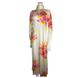 Vintage 1970s Floral Maxi Dress Mock Neck Long Sleeve Cream Pink Yellow LARGE